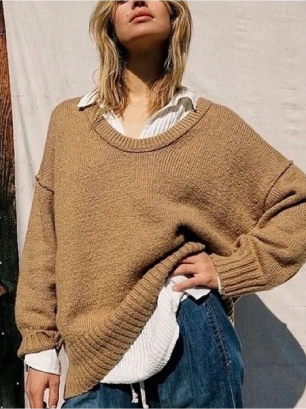 Free People Brookside Camel Brown Tan Tunic Sweater Oversized Relaxed Fit Small